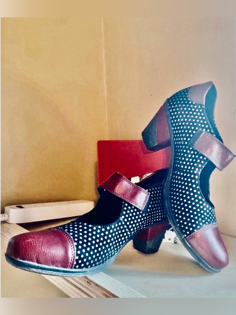 Remonte Black and Burgundy Polka Dot Heels